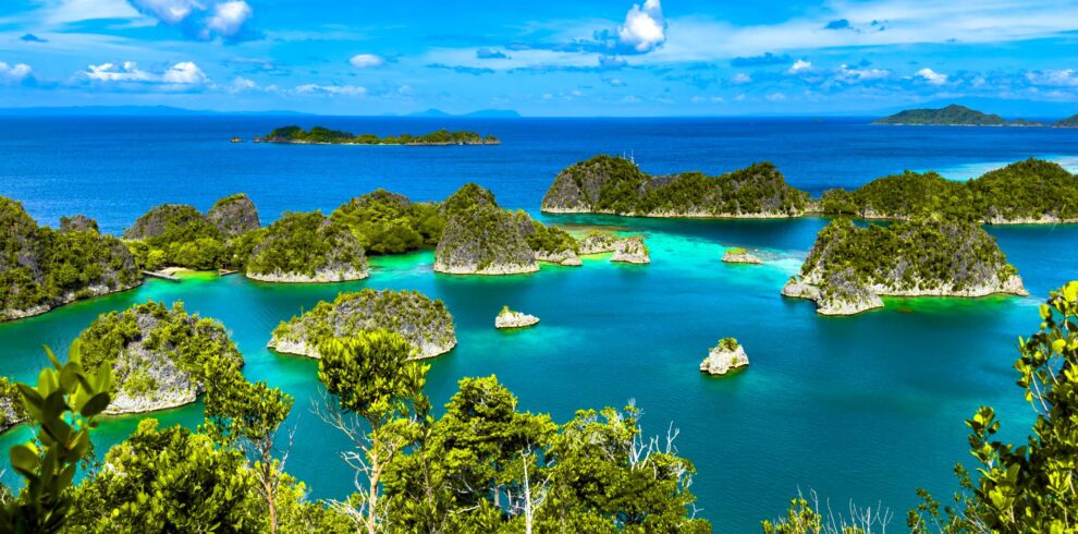 A stunning aerial view of Piaynemo in Raja Ampat, showcasing vibrant turquoise waters, lush green karst islands, and a clear blue sky