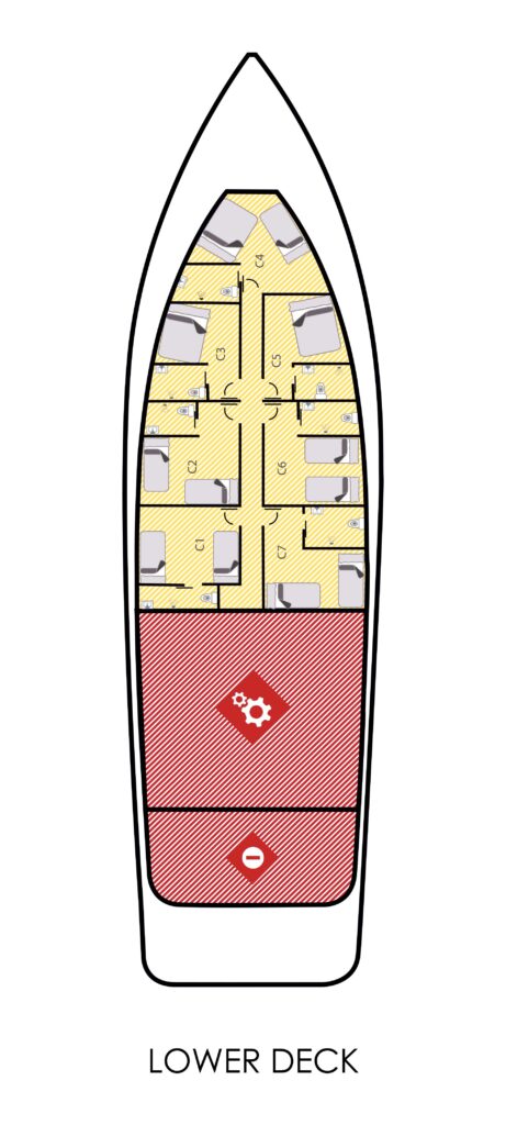 Lower deck layout of Dune Aurora liveaboard.