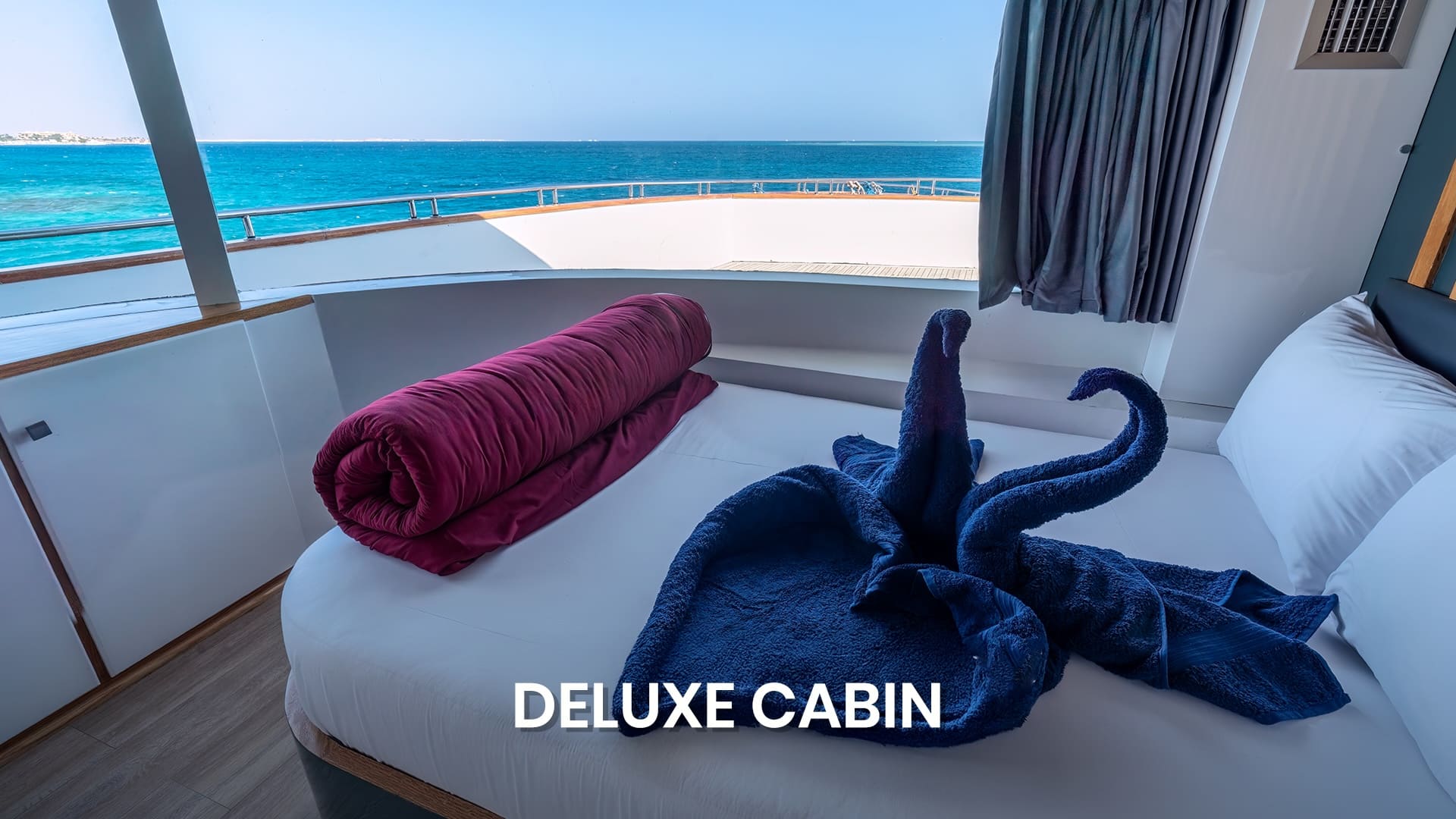 Deluxe cabin Dune Silky liveaboard with ocean view, luxury twin beds, and towel art on white bedding