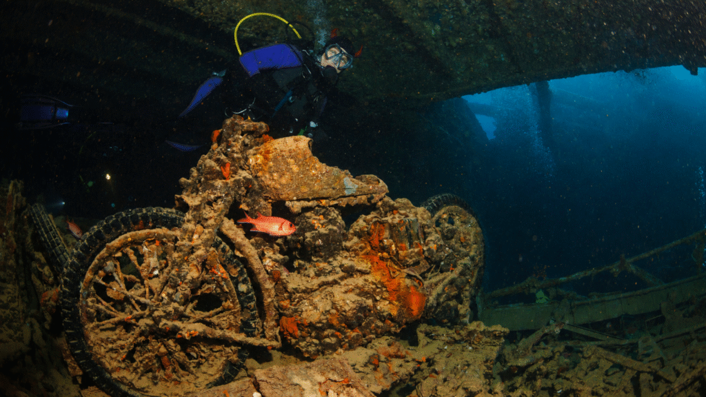 Motorcycle wreck adding mysterious vibes to Red Sea liveaboard diving